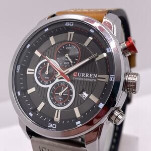 Curren Mens chronograph Silver Watch Brown Leather Works New Batterh